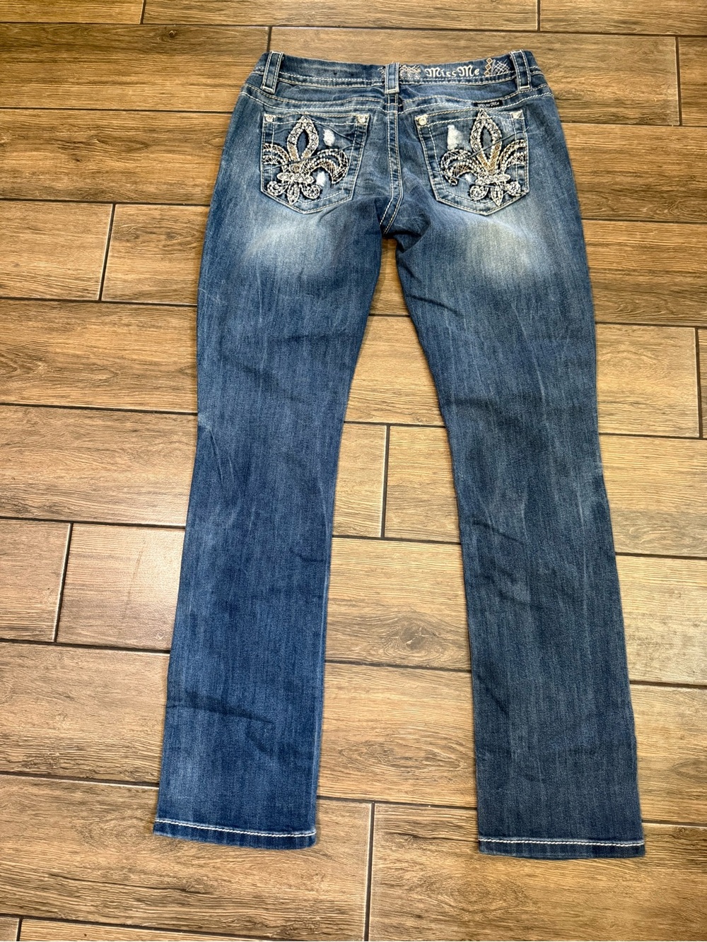 Miss Me Jeans Straight Embroidered Fleur De Lis Pockets Blue Size 30